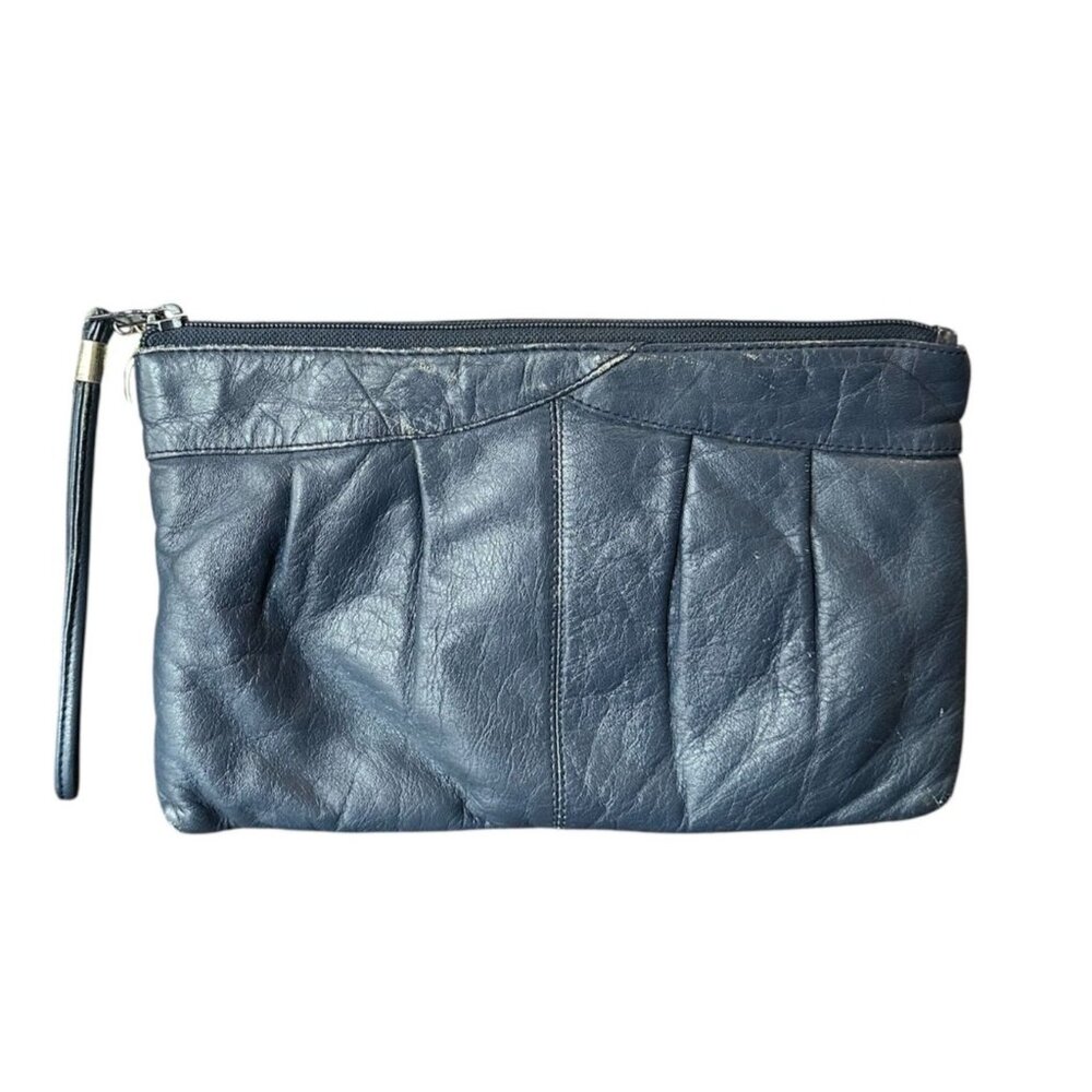 Vintage Eta Genuine Leather Wristlet Clutch Blue Soft Zip Pouch Small Handbag